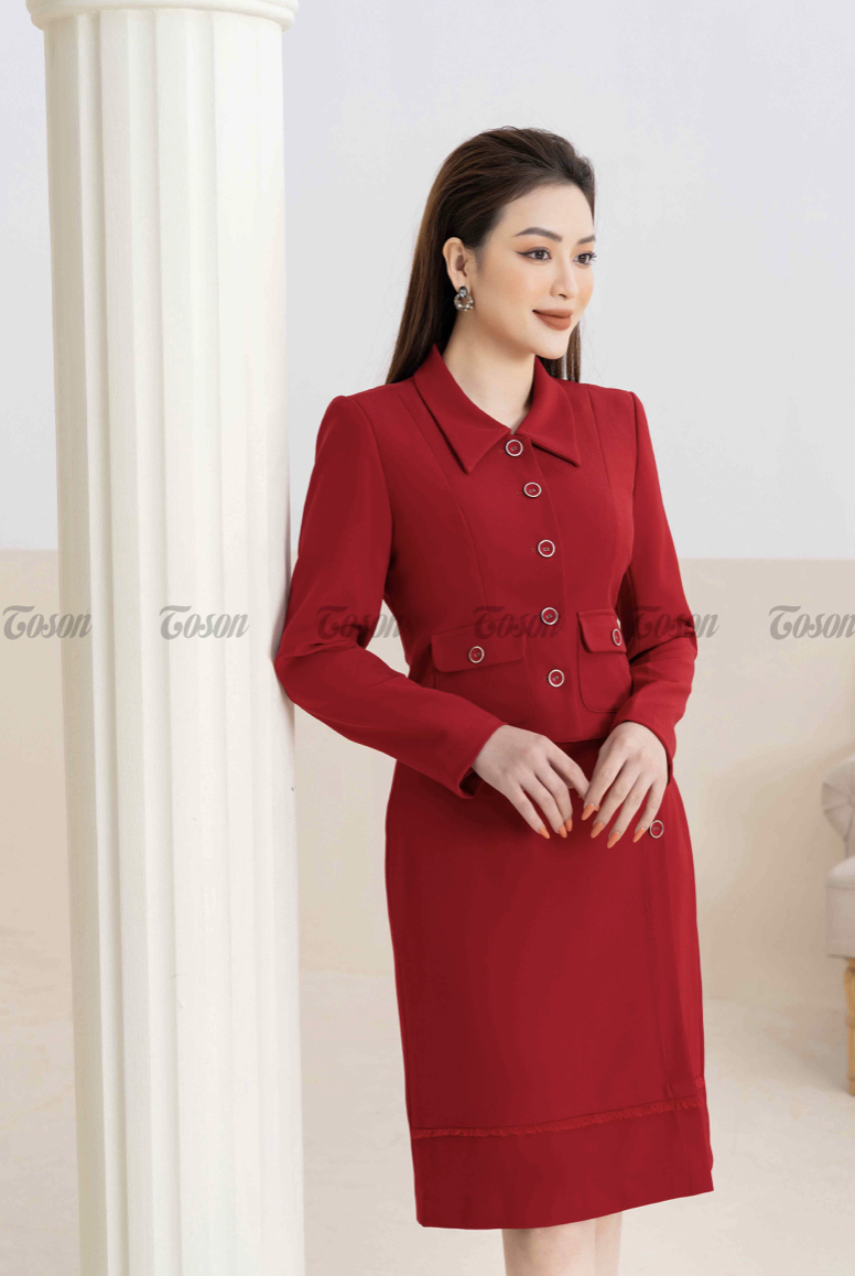 Bộ đồ Vest đỏ: Áo Vest cổ sam + Chân váy Toson B8355D51