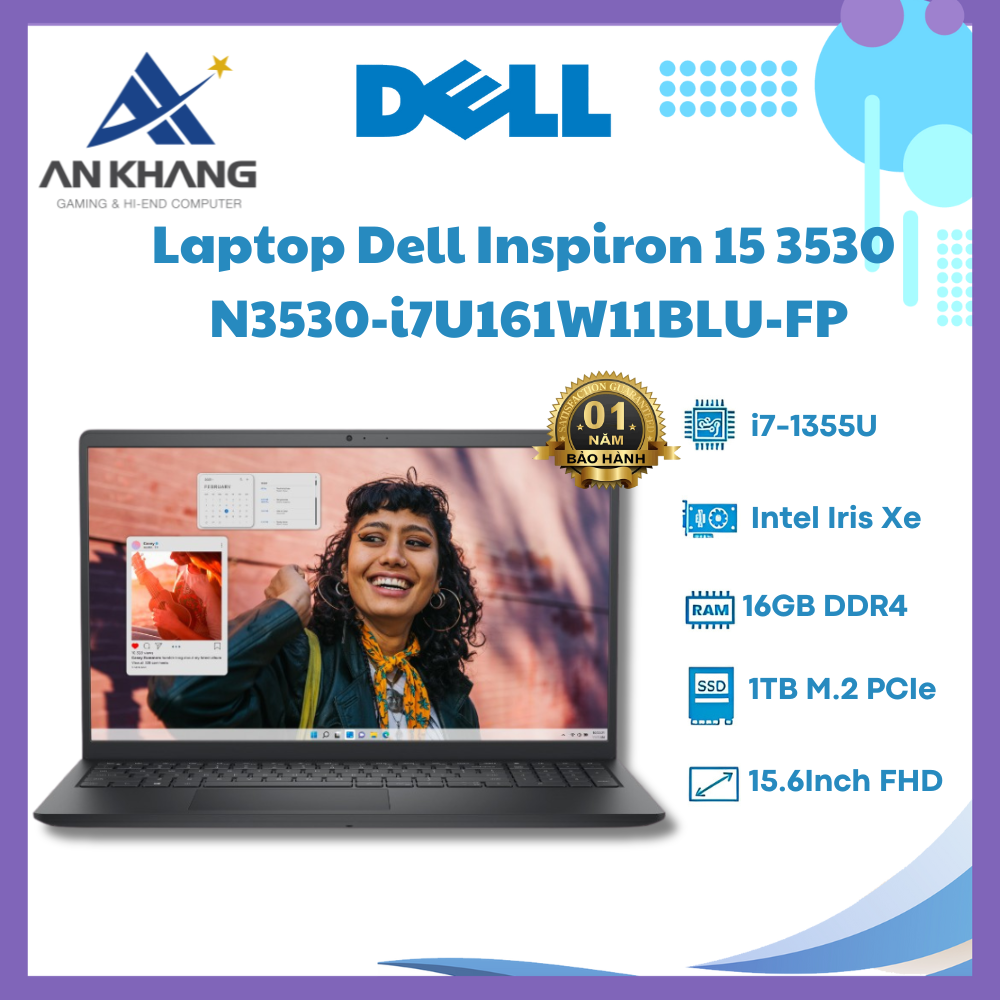 Laptop Dell Inspiron 15 3530 N3530-i7U161W11BLU-FP (Intel Core i7-1355U | 16GB | 1TB | Intel Iris Xe | 15.6 inch FHD | Win 11 | Office | Đen) - Hàng Chính Hãng - Bảo Hành 12 Tháng
