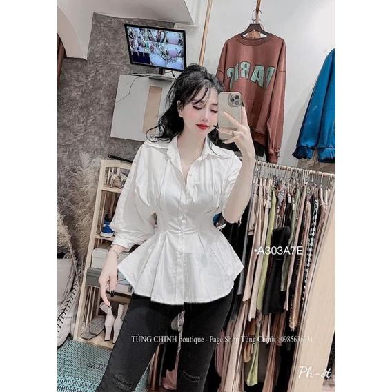 Áo sơ mi tay bồng xếp eo, áo sơ mi peplum