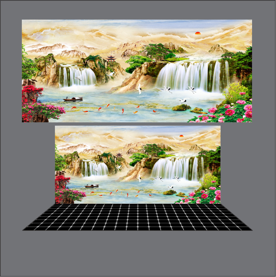 Tranh 3D dán hồ cá , đáy kẻ caro - nền trắng kẻ đen/đỏ có keo sẵn trên bề mặt in mọi kích thước theo yêu cầu