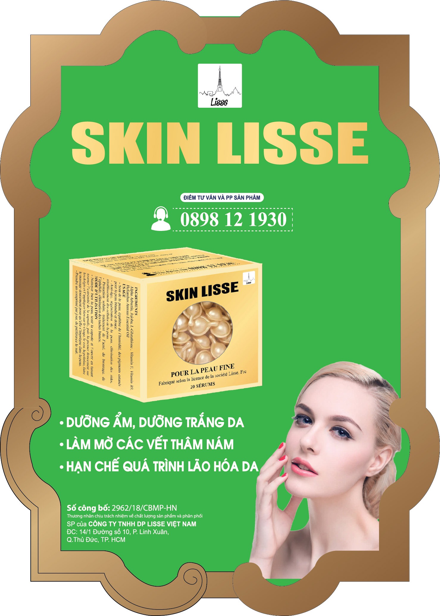 Viên Serum Bôi da Lisse SKIN - Hộp 20v- Dưỡng Ẩm,Dưỡng Trắng Da, Làm Mờ Các Vết Thâm Nám, Hãn Chế Qúa Trình Lão Hóa