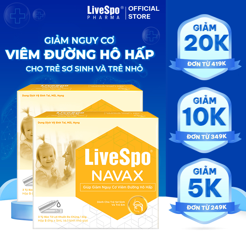 Combo 2 hộp nước muối sinh lý bào tử lợi khuẩn LiveSpo Navax Kids - Dành cho trẻ sơ sinh và trẻ em 5 ống x 5ml