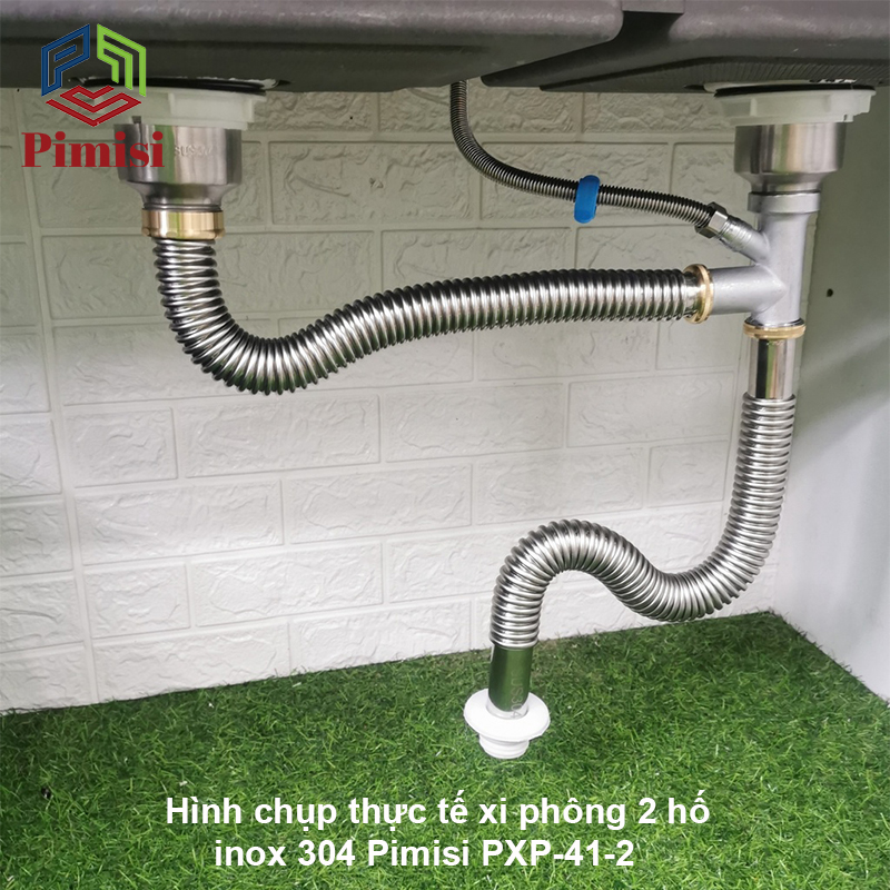 Xi Phông Chậu Rửa Bát Đôi Inox 304 Pimisi PXP-41-2 Cao Cấp Kiểu Chun Uốn - Kim Loại Bẻ Cong Được, Dùng Cả Nước Nóng Lạnh, Xả Thải Nước Bồn Rửa Chén 2 Hố Thu 11 cm - Thoát Nhanh, Chống Mùi Hôi Và Côn Trùng Gián, Chuột Cắn Phá - Có Thoát Tràn | Chính Hãng