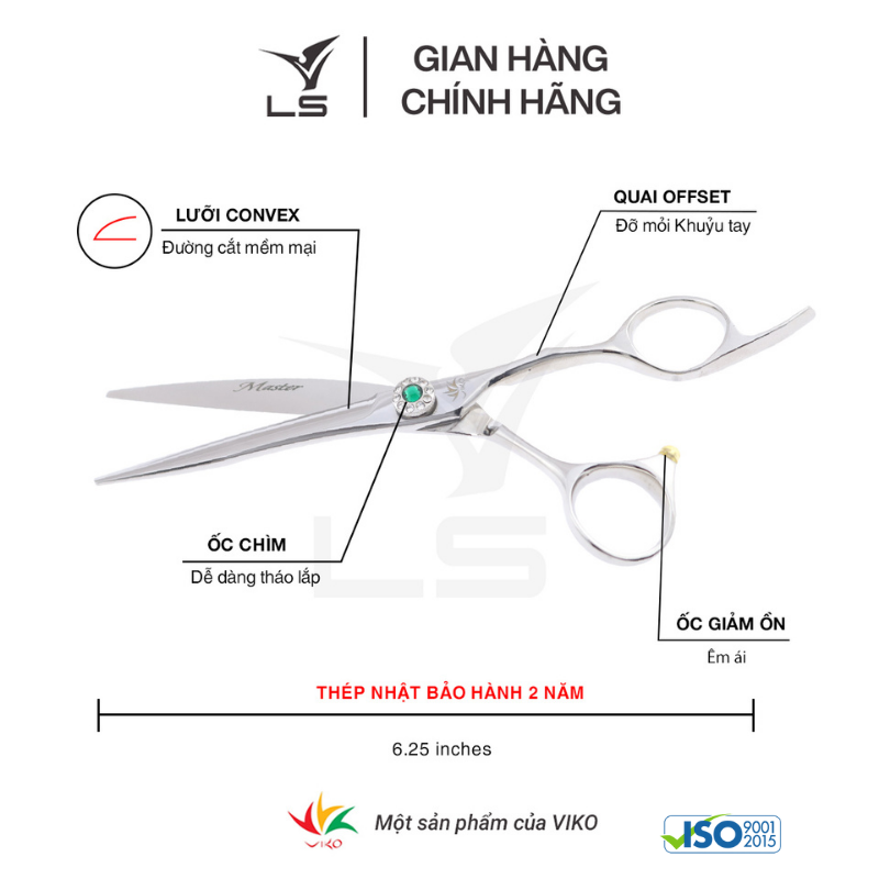 Kéo cắt tóc LS lưỡi thẳng quai offset vênh đỡ ngón cố định FA63/6.25