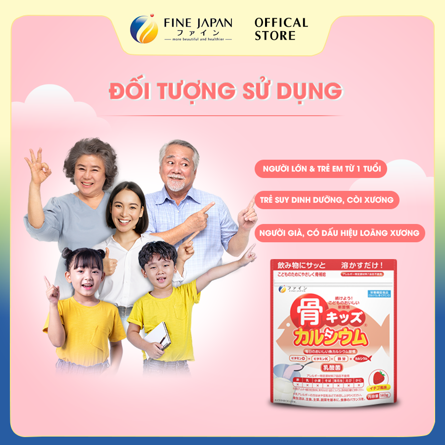 Bột Canxi Cá Tuyết Vị Dâu Fine Bone's Calcium For Kids Gói 140G Bổ Sung Canxi Phát Triển Chiều Cao  5.0  4 Đánh Giá 18 Đã Bán