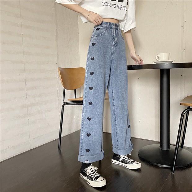 Quần Jeans Ống Rộng In Trái Tim Dọc - Quần Ống Rộng Nữ Dáng Suông Lưng Cao Ulzzang Q45