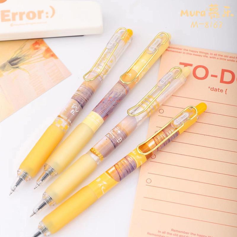 Set 4 bút mực gel đen Mura ngòi 0.5mm siêu xịn với vỏ ngoài siêu xinh xắn kèm túi zip (tặng stickers x note)