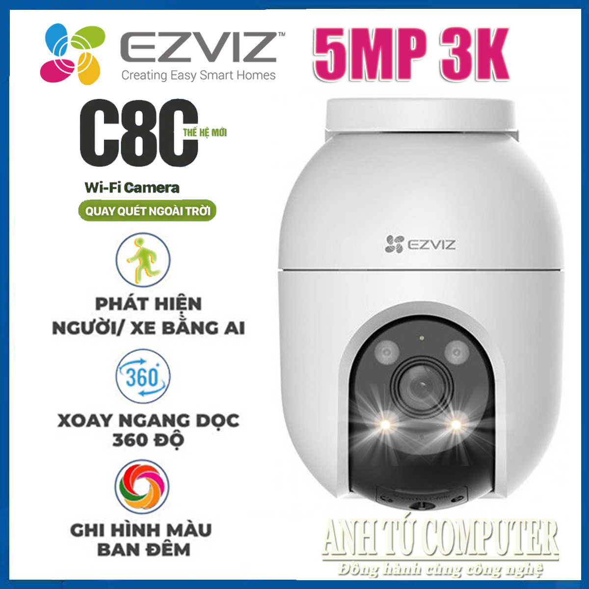 Camera WiFi EZVIZ C8C 3K 5MP, quay quét thông minh - hàng chính hãng