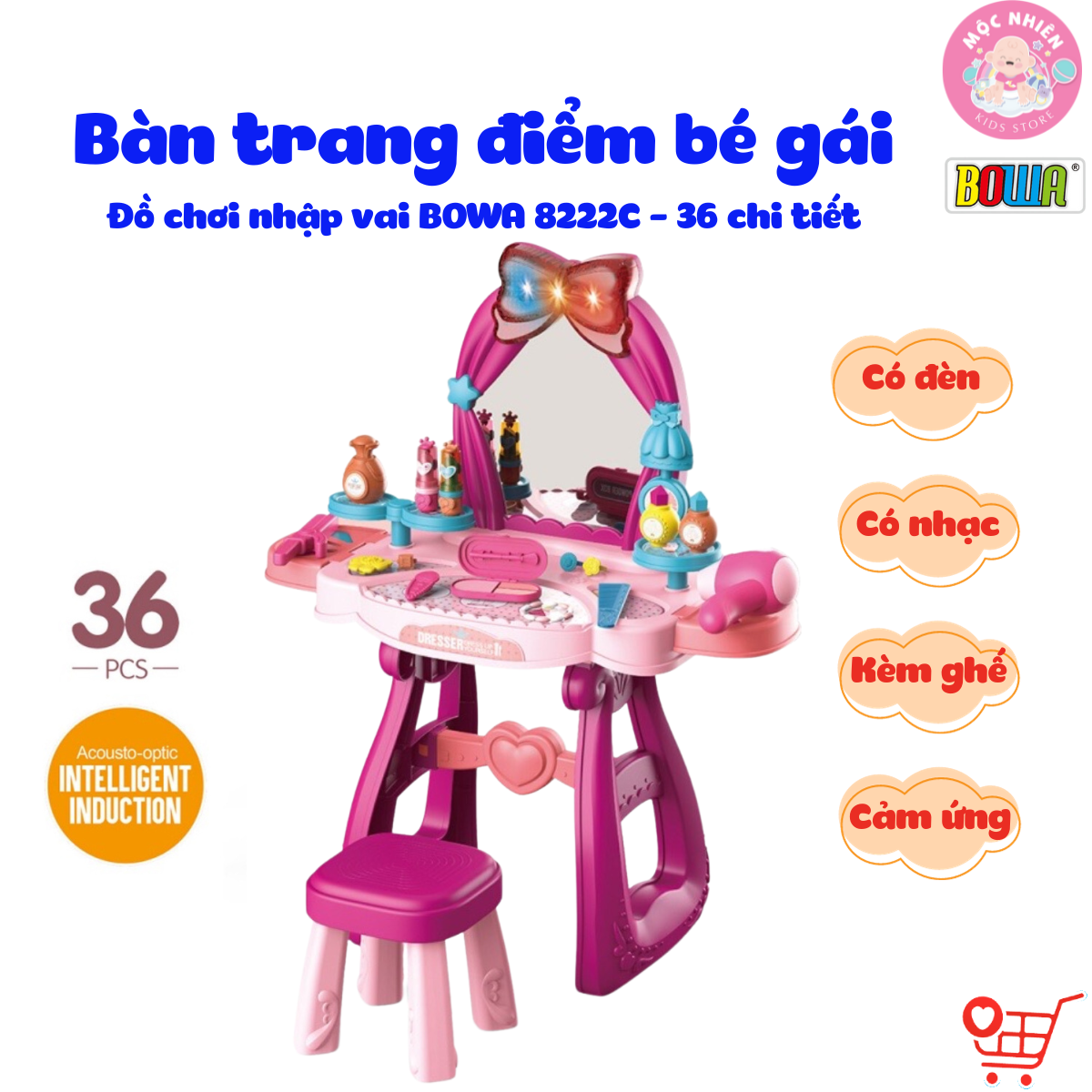 Đồ chơi hướng nghiệp nhập vai BOWA 8222C - Bàn trang điểm, kèm ghế, có nhạc, cảm ứng, có dùng pin 36 chi tiết