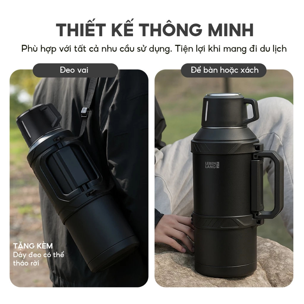 Bình giữ nhiệt Inox 316 Lê Bên Làng LBL3026/ LBL3025 dung tích 4L/ 6L có lõi lọc trà và dây đeo