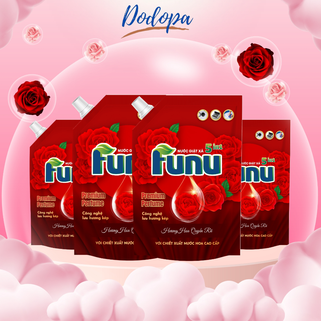 Thùng 4 Túi nước giặt xả FUNU 3.6kg/3.5L hương nước hoa giữ bền màu diệt khuẩn ngăn tái bám dùng cho tất cả các loại máy giặt- Màu đỏ- Hàng chính hãng