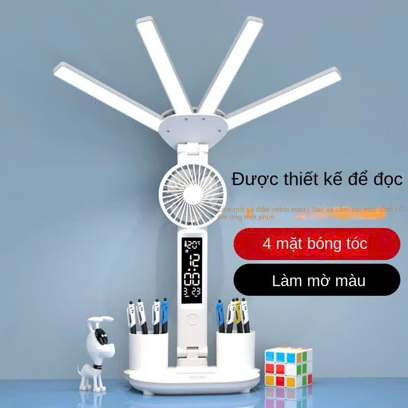 Đèn Để Học 4 Cánh LED Pin Trâu 10.000mjAh – Chống Cận Bảo Vệ Mắt, Có Quạjt Mát &amp; Đồng Hồ Độc Đáo Loại Xịn