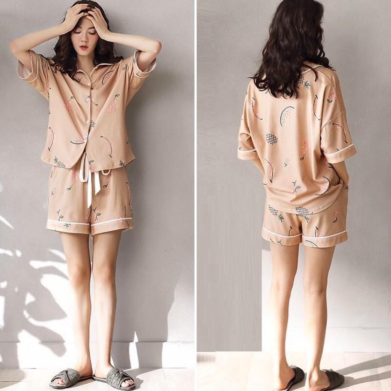 Bộ short mặc nhà cotton cổ tròn cài khuy camel
