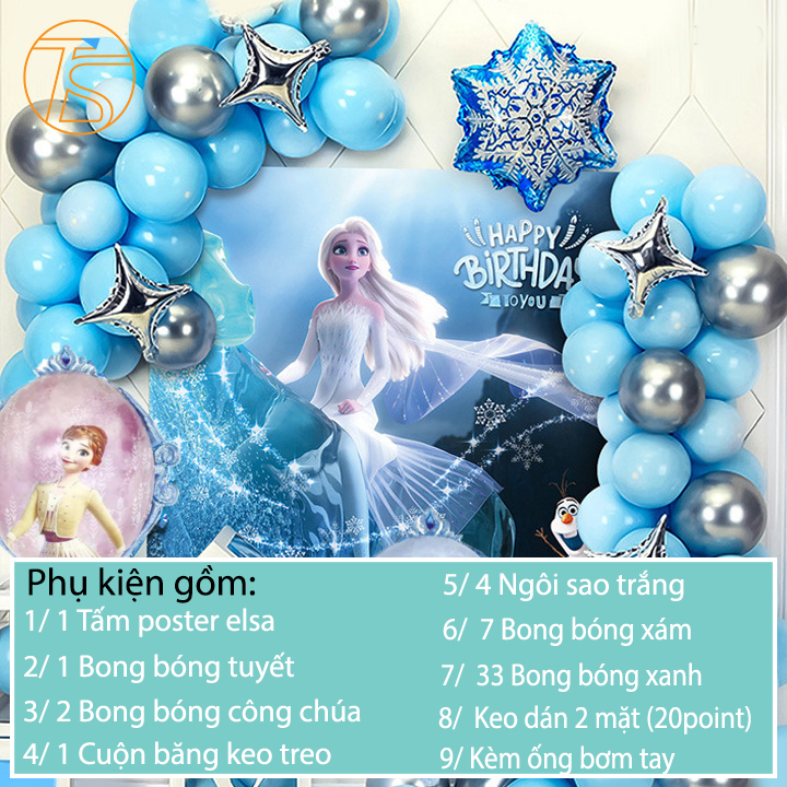 Sét bong bóng trang trí sinh nhật happy birthday công chúa elsa - Bộ trang trí sinh nhật thôi nôi, đầy tháng cho bé