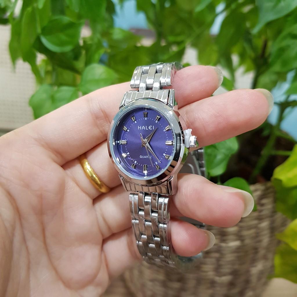 Đồng hồ nữ Halei mặt tròn xanh dây kim loại bạch kim chính hãng Tony Watch 68