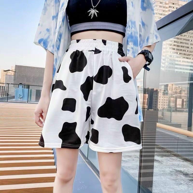Set Bộ Thun In Hình Bò Sữa Tay Lỡ Kèm Quần Short Unisex Siêu Hot Hit