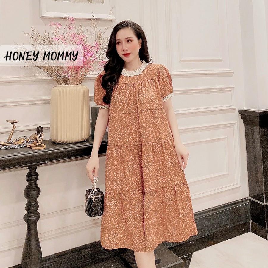 Váy Bầu Hoa Nhí Cổ Ren Mùa Hè Kèm Đai Thắt HD2821 Honey Mommy Đầm Bầu Công Sở Dáng Dài