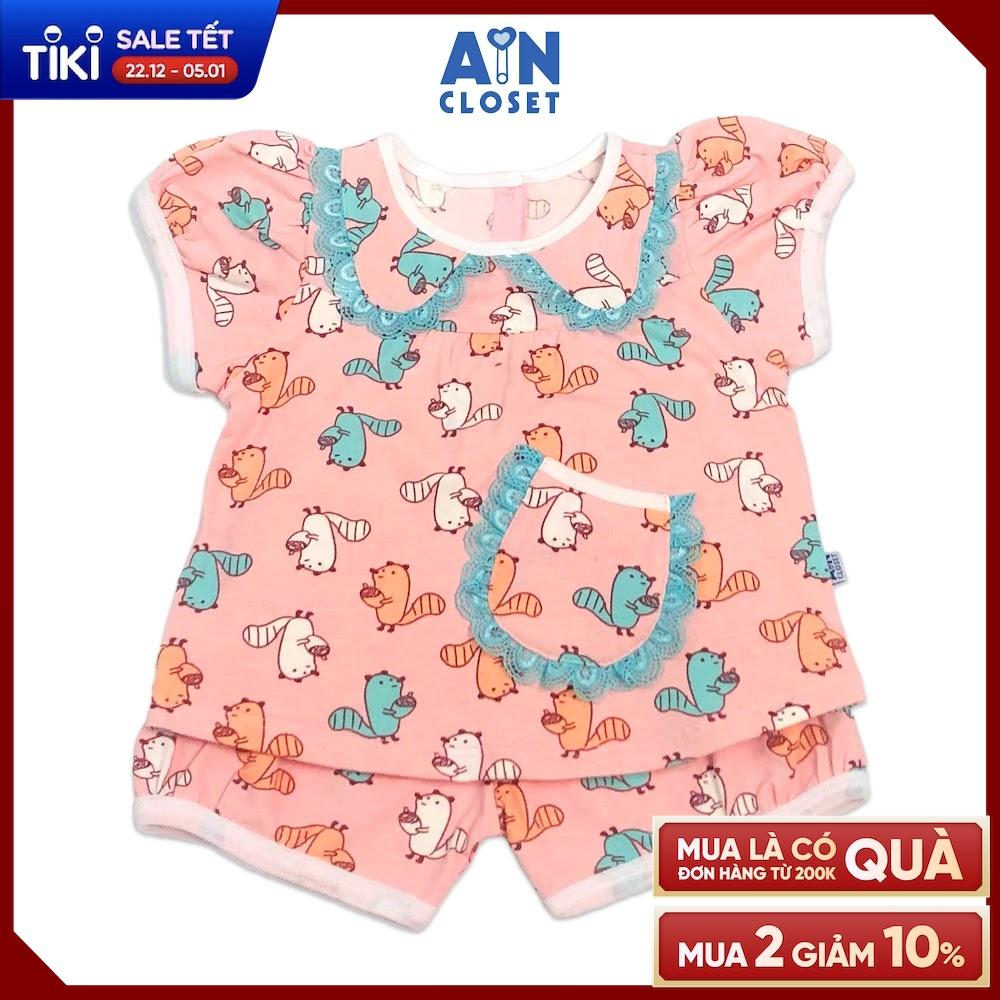 Bộ quần áo ngắn bé gái họa tiết Sóc ôm sồi hồng thun cotton - AICDBGSEI4HZ - AIN Closet