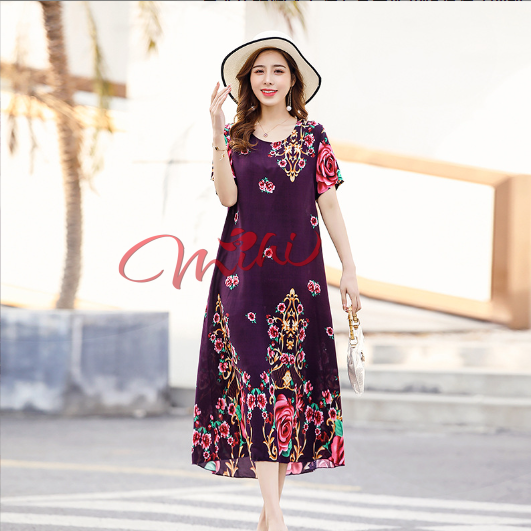 Váy trung niên nữ họa tiết dáng suông V18 - Áo đầm kiểu thời trang mùa hè, xuân, thu cho mẹ, cho bà, cho người lớn tuổi trung tuổi dài qua gối chất thun co giãn U40 U50 U60 U70 giá rẻ đẹp Bigsize, cho người mập, size lớn