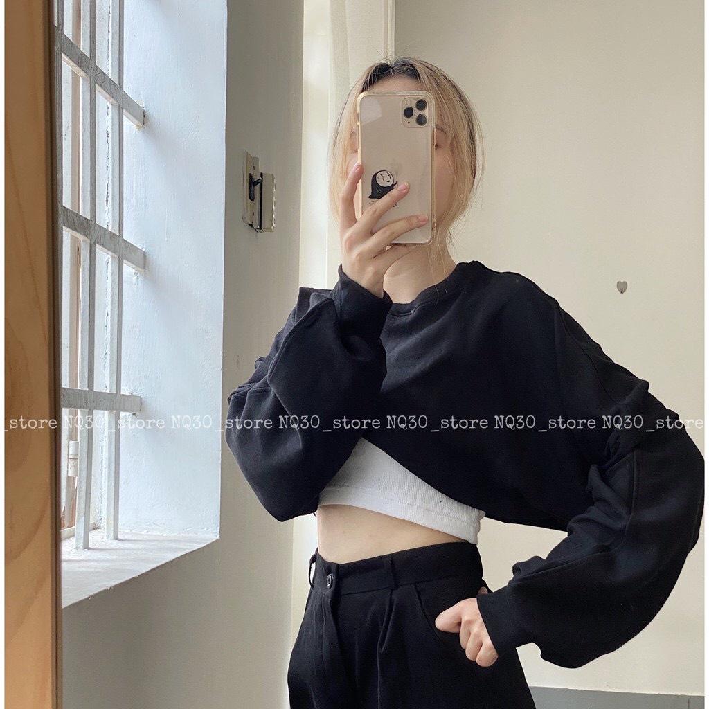 Áo croptop tay dài form rộng, áo kiểu nữ croptop tay phồng co giãn tặng kèm bra Ulzzang, phong cách Hàn Quốc, AO011