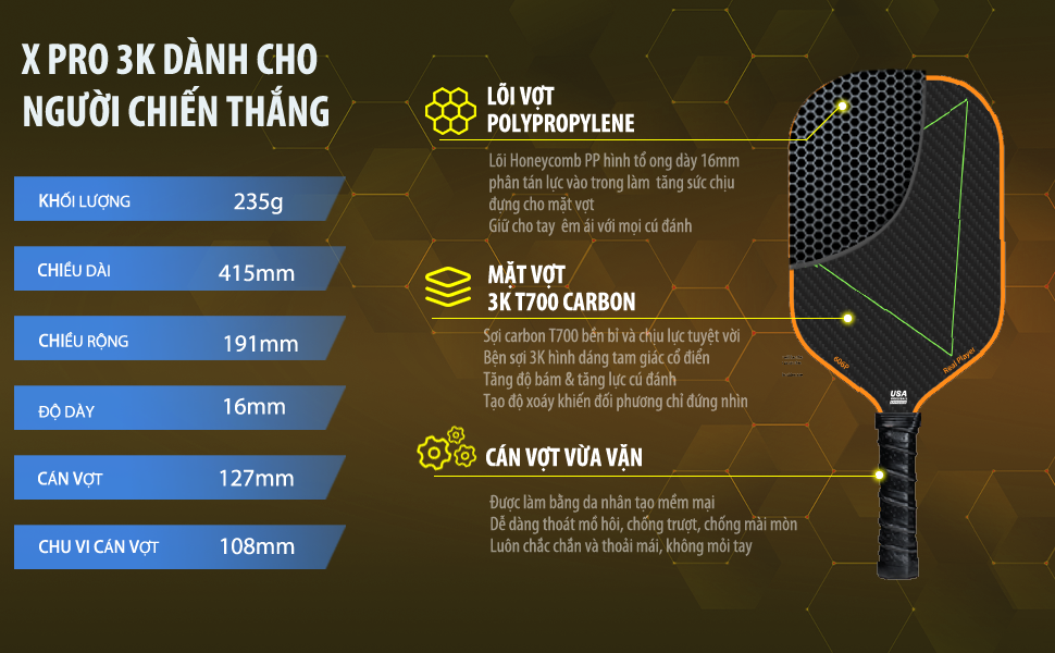 VỢT PICKLEBALL X PRO 3K MẶT SỢI CARBON 3K ĐAN CHÉO TẠO SOÁY CHO NGƯỜI CHƠI CHUYÊN NGHIỆP CÓ TRỢ LỰC