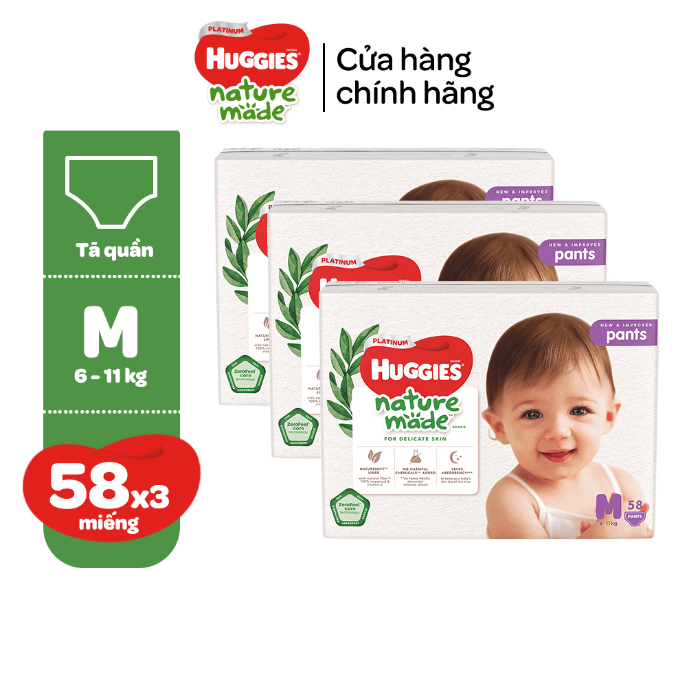 Thùng 3 gói Tã/Bỉm quần Huggies Platinum NatureMade M58/ L44/ XL38/ XXL26