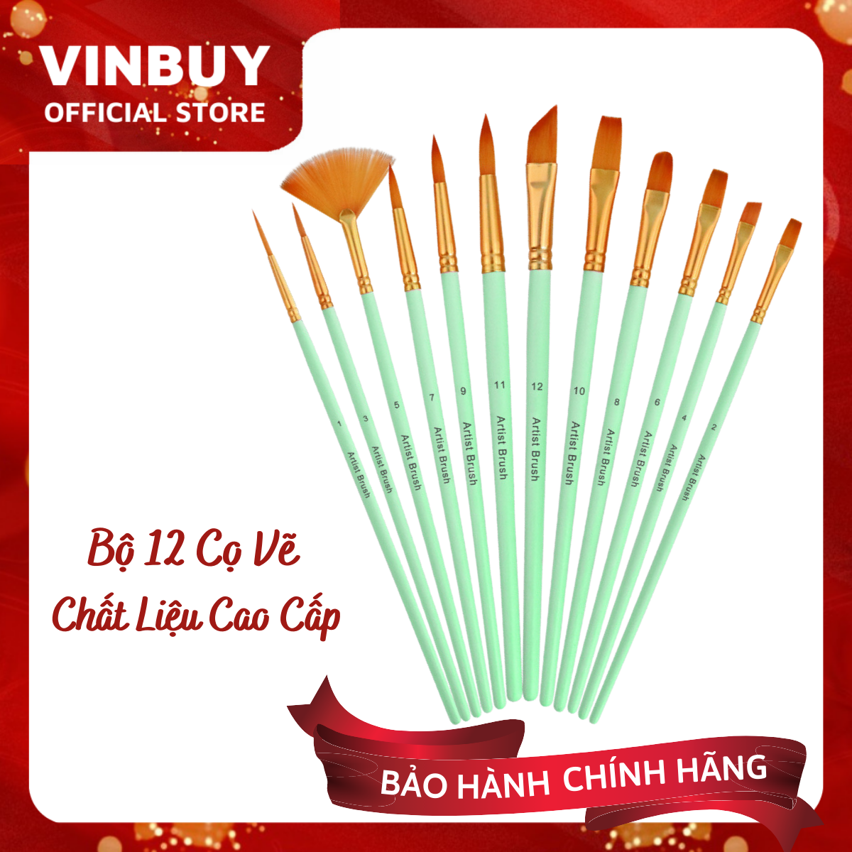 Bộ 12 Cây Cọ Vẽ Chuyên Dụng Cao Cấp VinBuy Để Vẽ Tranh Sơn Dầu, Màu Nước, Màu Acrylic, Hóa Trang Chuyên Nghiệp