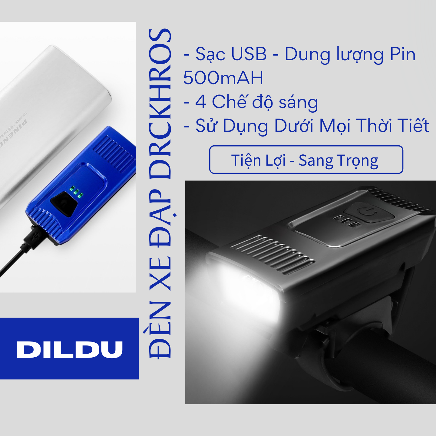 Đèn Pha Trước Xe Đạp Cảnh Báo An Toàn Ban Đêm - Pin Sạc 500mAh - Thời Gian Chiếu Sáng đến 7,5 Giờ