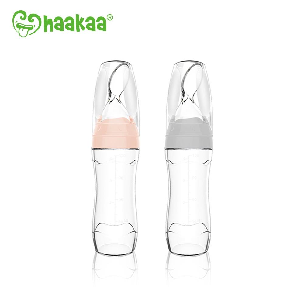 Bình thìa ăn dặm cho bé 120ml Haakaa. Chất liệu silicone cấp thực phẩm cao cấp, an toàn. Không chứa BPA, PVC và phthalate. Hỗ trợ bé ăn dặm hiệu quả