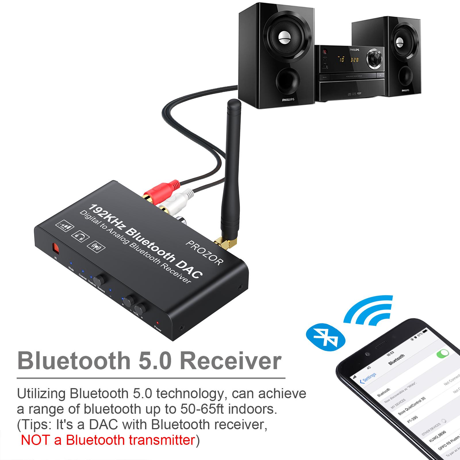 Bộ chuyển đổi DAC PROZOR Bộ thu tương thích Bluetooth tích hợp Bộ giải mã DAC 192kHz với điều khiển từ xa hồng ngoại Đồng trục kỹ thuật số Toslink sang L/R RCA