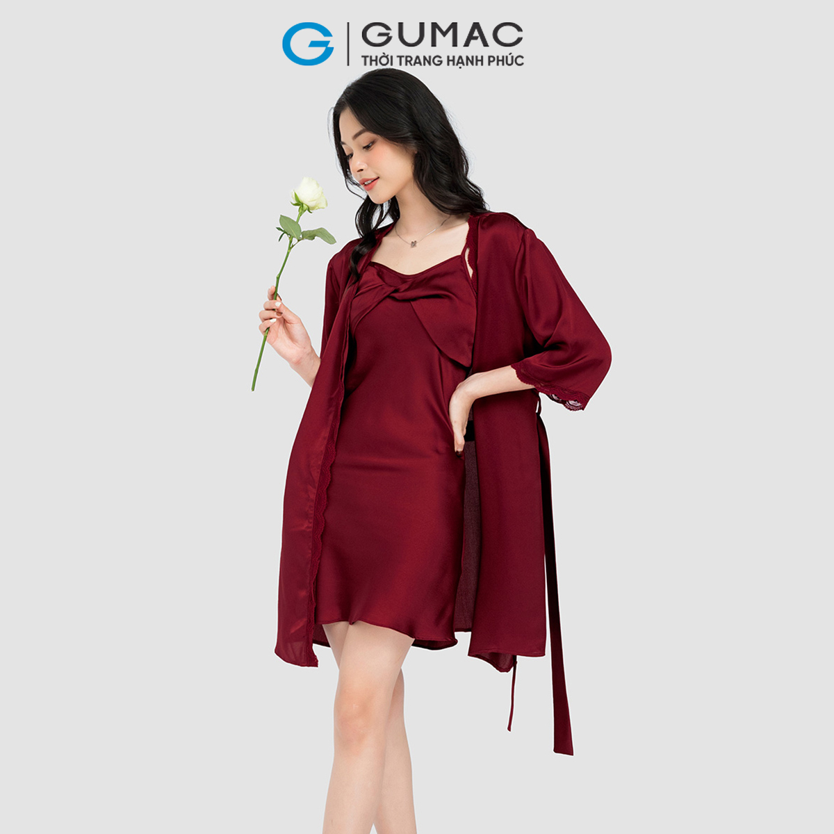 Áo khoác ngủ nữ GUMAC nhiều màu dáng dài buộc eo chất liệu lụa AC10059