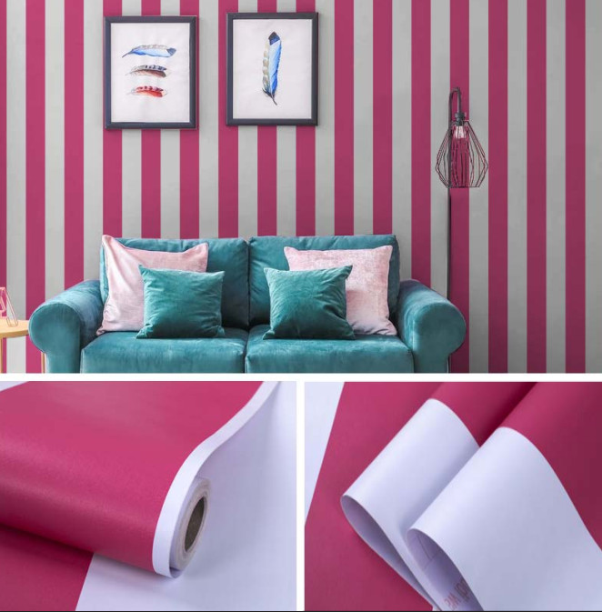 Decal giấy dán tường sọc trắng hồng đậm khổ 45cm có keo sẵn