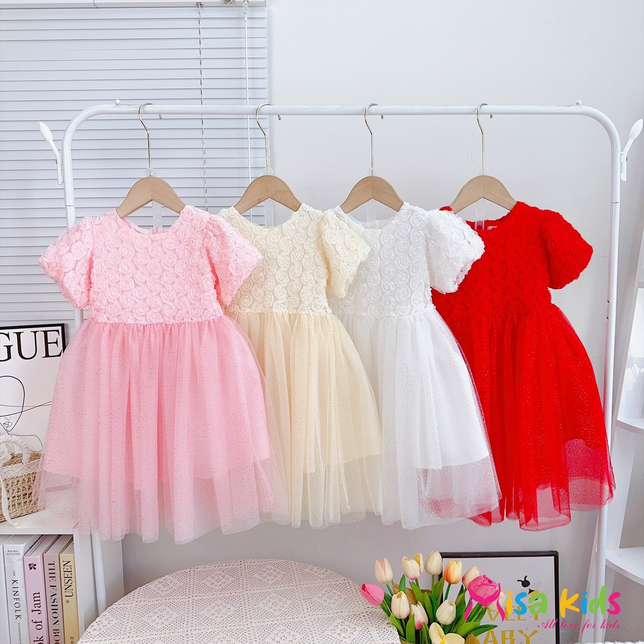 Đầm voan công chúa cho bé gái màu trắng hồng đỏ đi chơi dự tiệc đẹp từ 10-35kg hàng thiết kế cao cấp