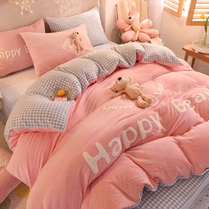 Bộ ga gối vỏ chăn nỉ nhung gấu Happy bear 4 món