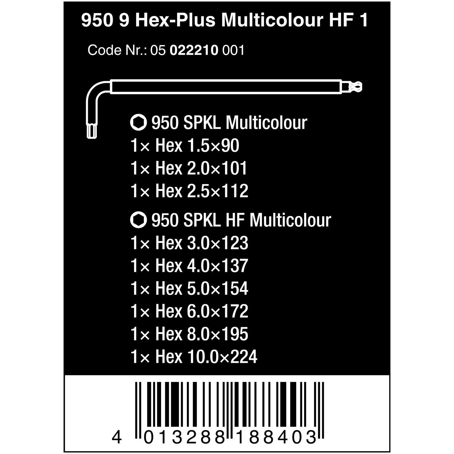 Bộ lục giác nhiều màu sắc với bi giữ gồm 9 cái 950/9 Hex-Plus Multicolour HF 1 L-key set, metric, BlackLaser, with holding function Wera 05022210001