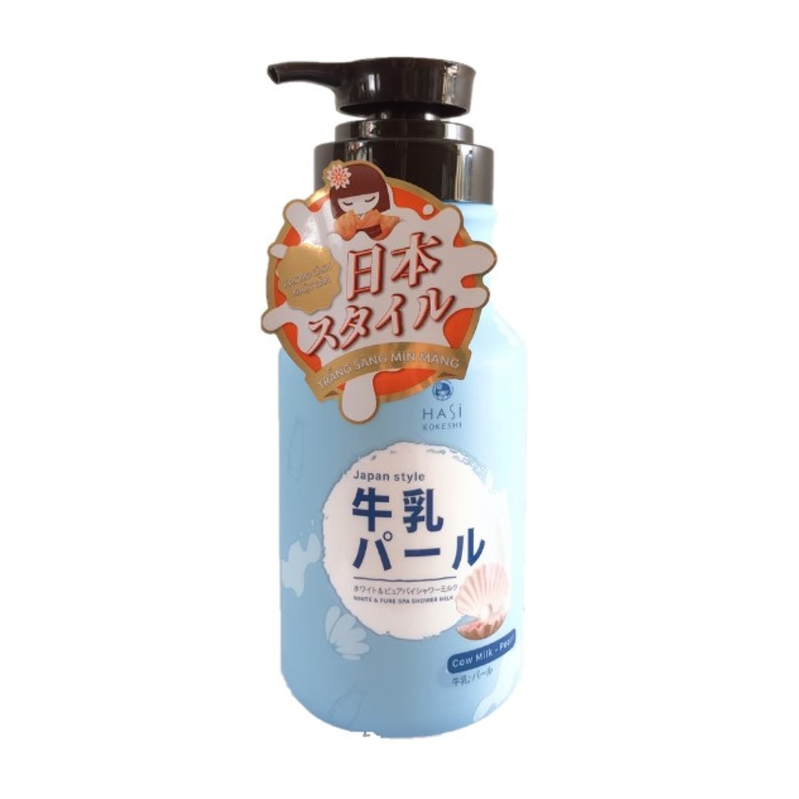 COMBO GIFT SET Sữa tắm Hasi Kokeshi dưỡng trắng da chiết xuất Sữa Bò-Ngọc Trai 600ml &amp; Bông tắm