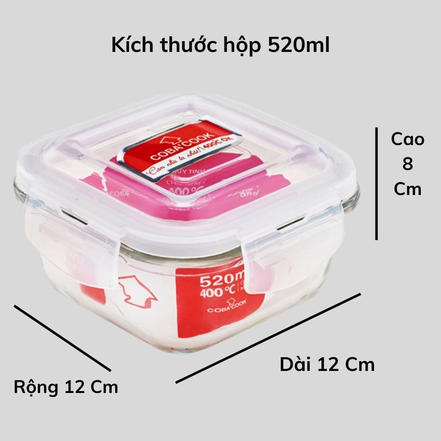 Hộp thủy tinh hộp đựng cơm trữ thức ăn chịu nhiệt COBA'COOK hộp vuông 520ml- CBHS520