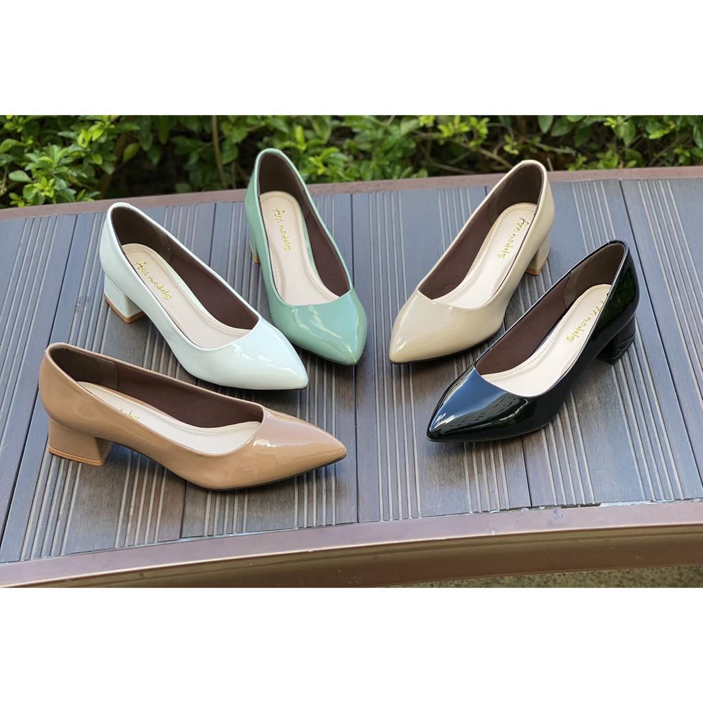Giày cao gót mui nhọn 3 phân gót vuông thời trang basic _A00344