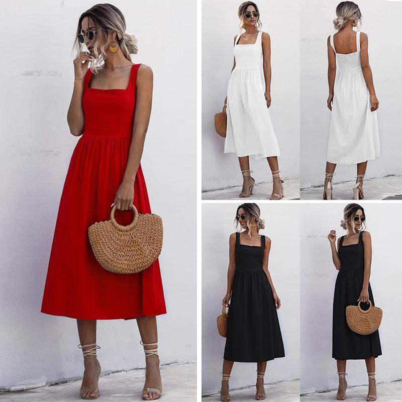 Women Dress Solid Color Square Neck Sleeveless High Waist A-Line Open Back Elegant Beach Party One-piece