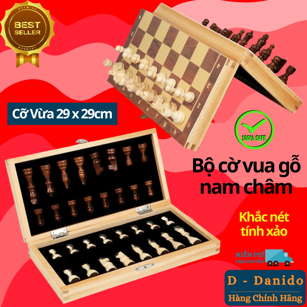 Cờ vua D Danido, bộ cờ vua nam châm bằng gỗ thông tự nhiên - Hàng chính hãng