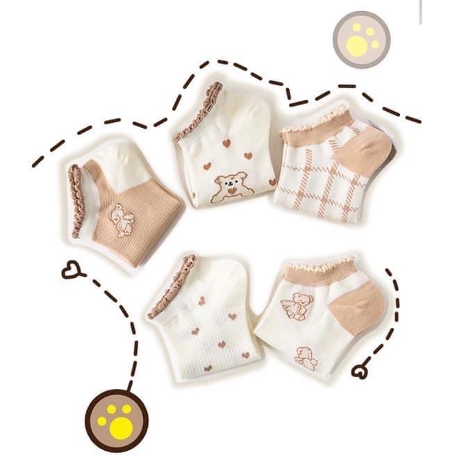LỐ 10 ĐÔI TẤT GẤU NÂU PHỐI MÀU CỔ THẤP VIỀN BÈO DỄ THƯƠNG CHO NỮ