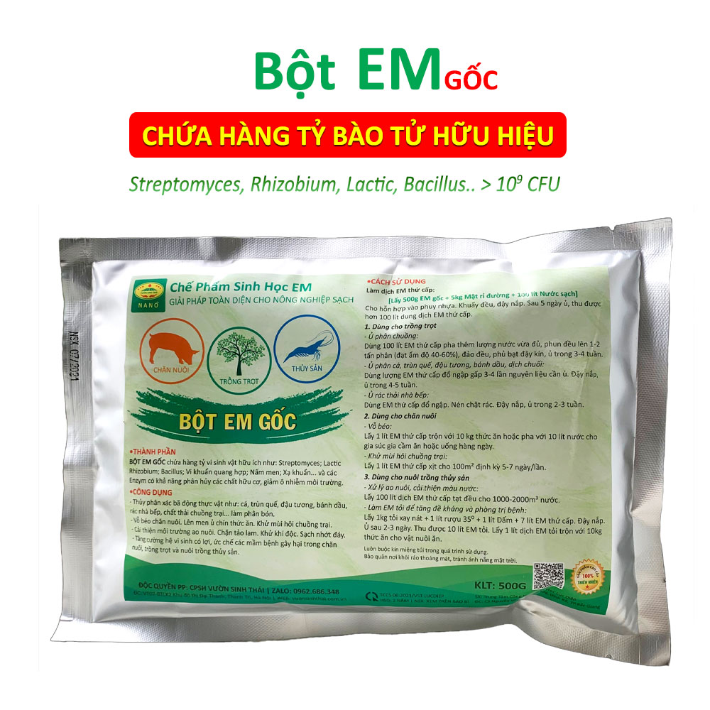 Chế phẩm EM gốc - Gói 500g - Chứa hàng tỷ vi sinh vật có lợi - Ủ rác bã hữu cơ làm phân bón - Xử lý mùi hôi