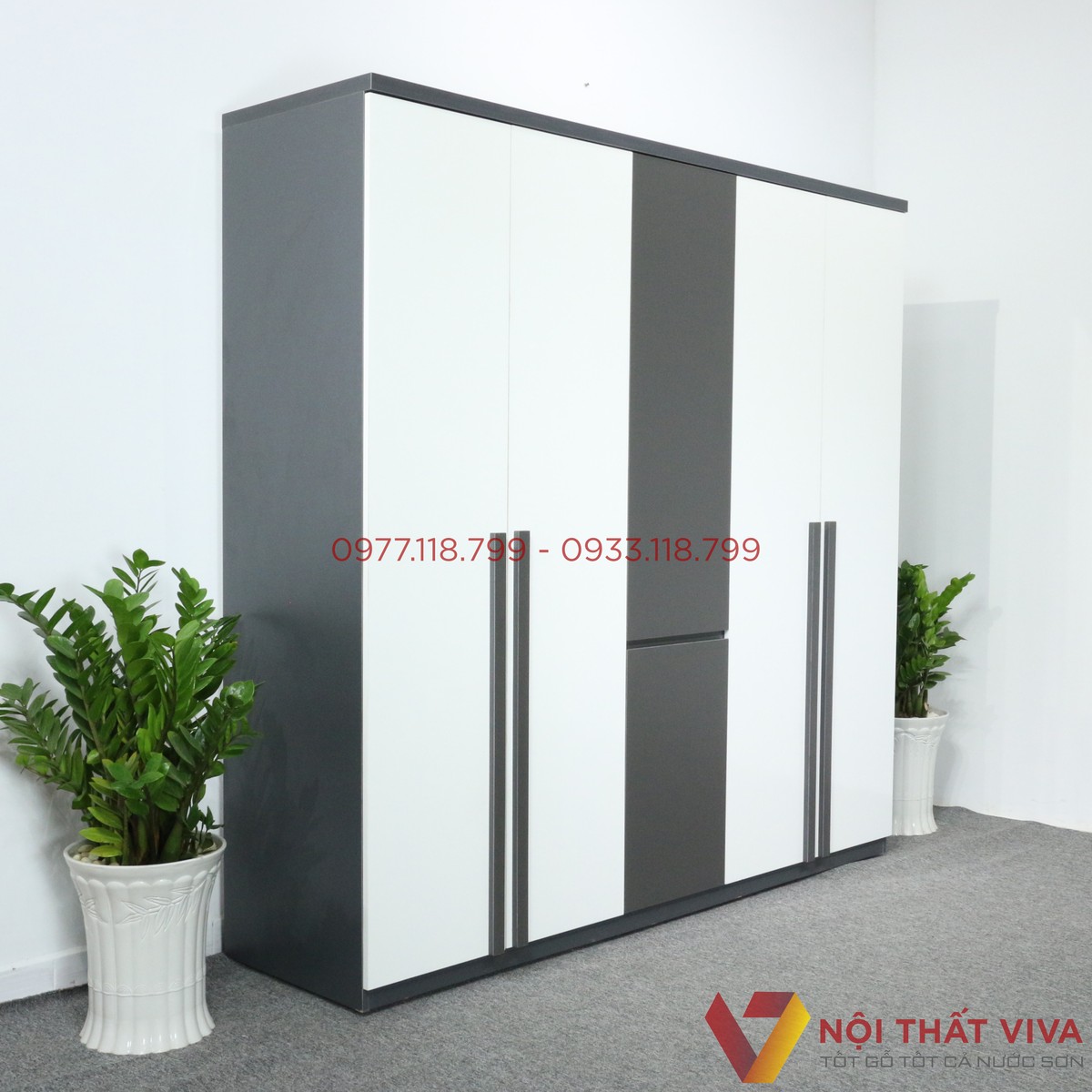 Tủ Quần Áo 5 Cánh Gỗ MDF Màu Xanh Đen Cửa Trắng Hiện Đại
