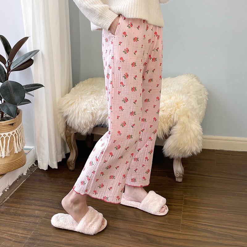 Quần dài nữ mặc nhà, ngủ vải xô cotton mềm nhẹ viền gấu nữ tính