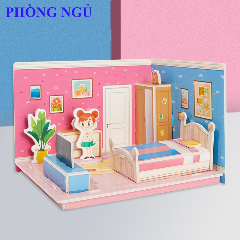 Đồ chơi cho bé gái, Combo 4 Mô hình lắp ghép phòng ngủ 3D, đồ chơi lắp ráp phát huy tính sáng tạo của trẻ