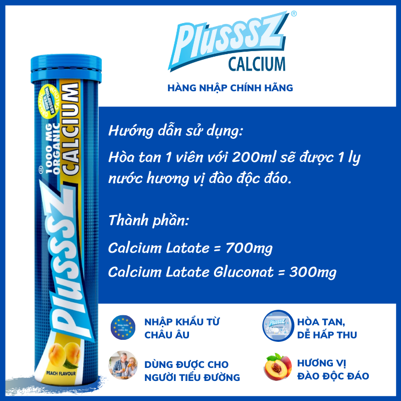 Viên bổ sủi bọt Plusssz Calcium Vị Đào không đường