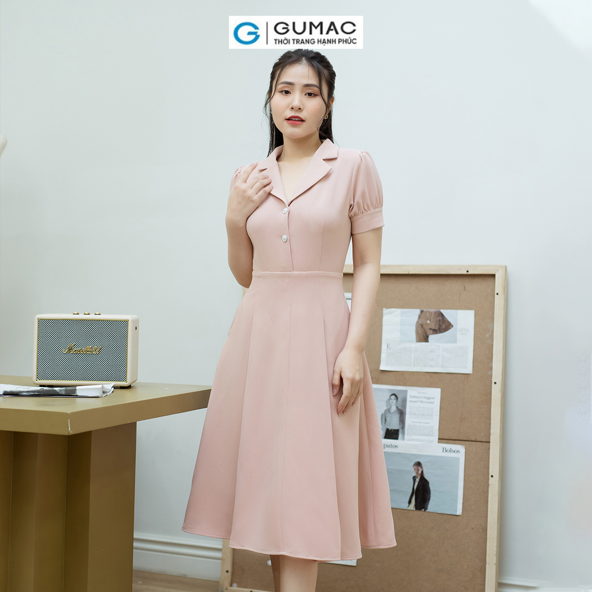 Đầm A xòe tay phồng GUMAC DD08048