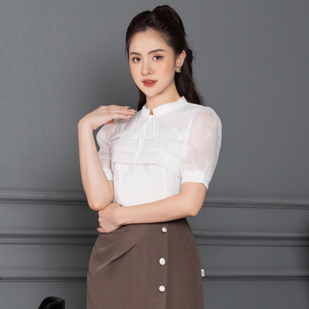 Áo Sơ Mi Nữ UK Fashion Thiết Kế Phối Tơ Thân Xếp Tay Bồng, Chất Vải Nhập Hàn Cao Cấp NKSM2206004