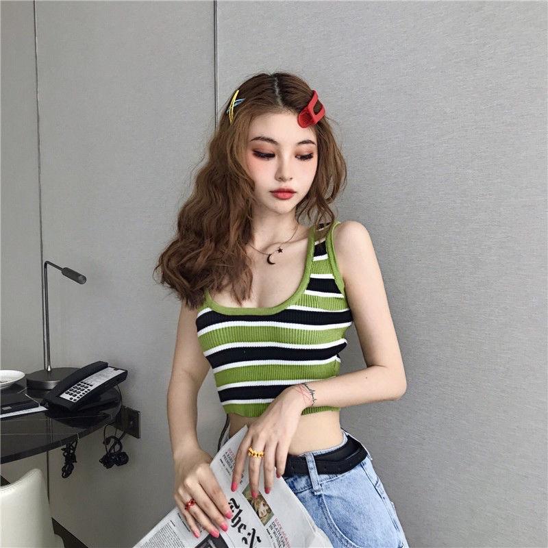 Áo len nữ ba lỗ croptop kẻ ngang 2 màu hàng Quảng Châu