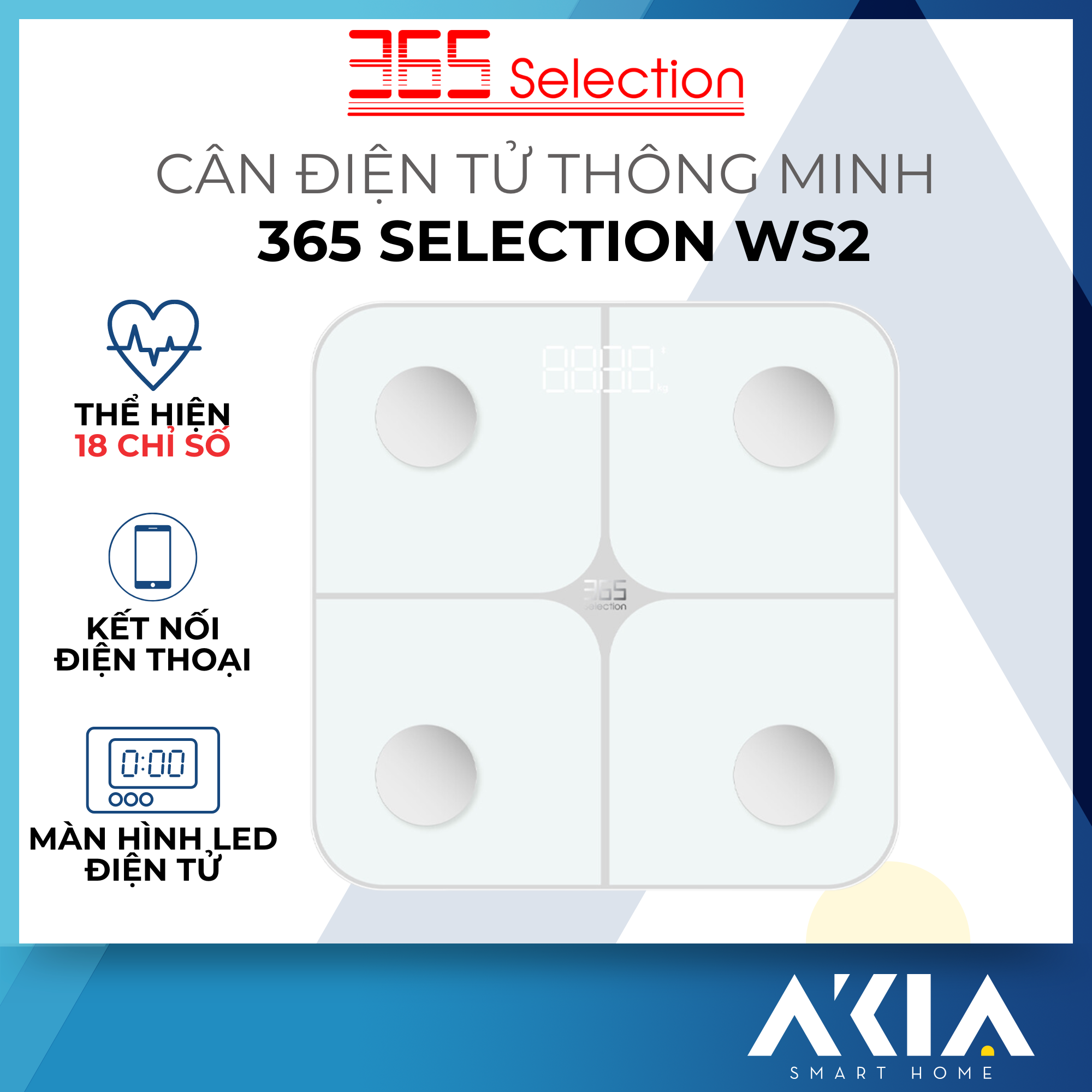 Cân điện tử thông minh 365 Selection WS1 / WS2 - Đo 18 chỉ số cơ thể, Màn hình led hiển thị - HÀNG CHÍNH HÃNG